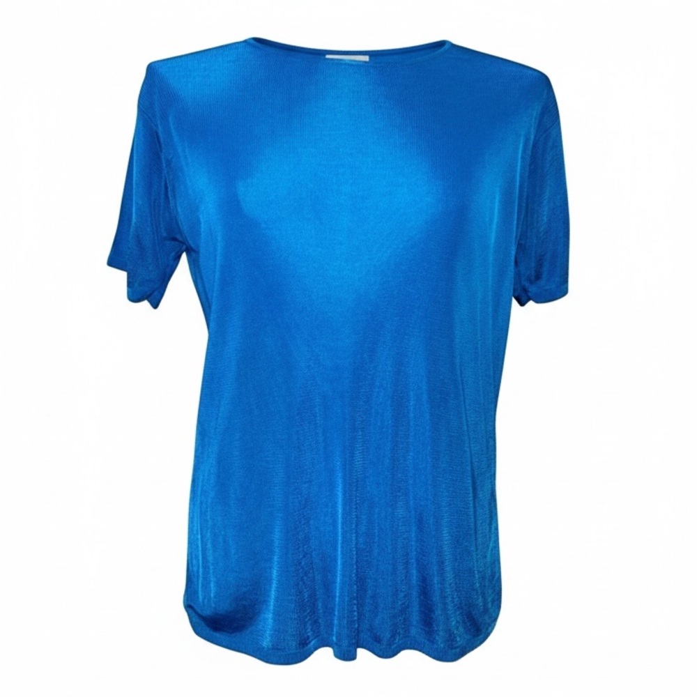 Linda Allard Ellen Tracy Crew Neck Silky Short Sleeve Blue Blouse Size L
